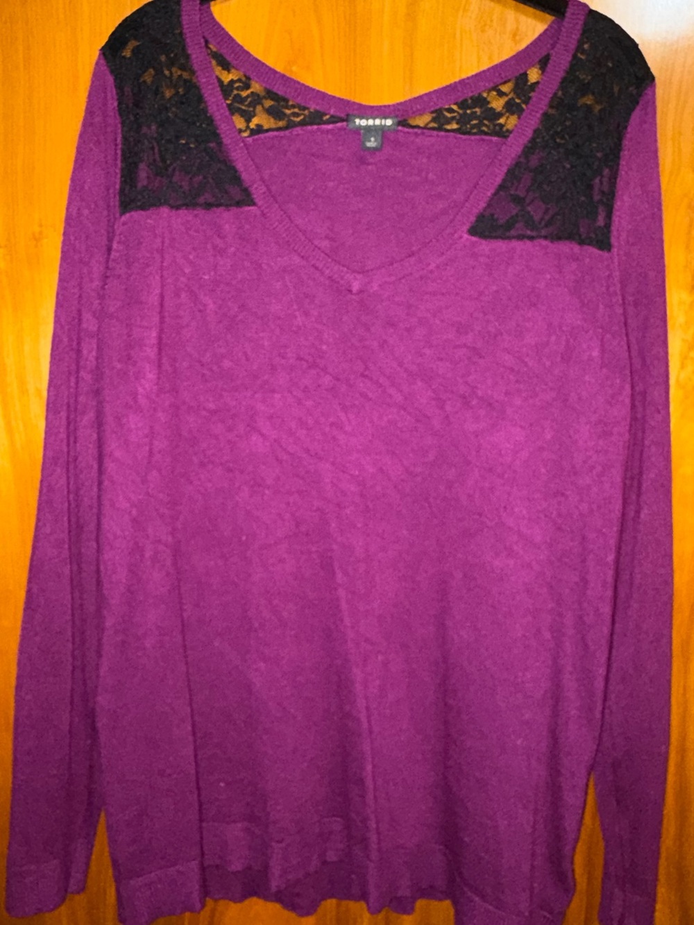 torrid Purple V-Neck Sweater with Black Lace Shoulder Insets